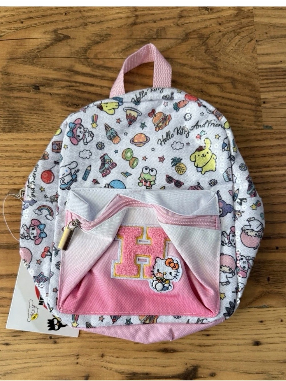 NWT Sanrio Hello Kitty and Friends Mini Backpack Sequin Letter H Pink White